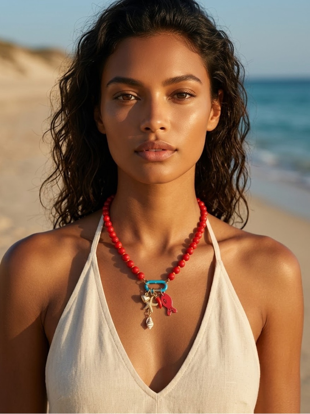 Handcrafted Red Beaded Charm Necklace with Gold Accents